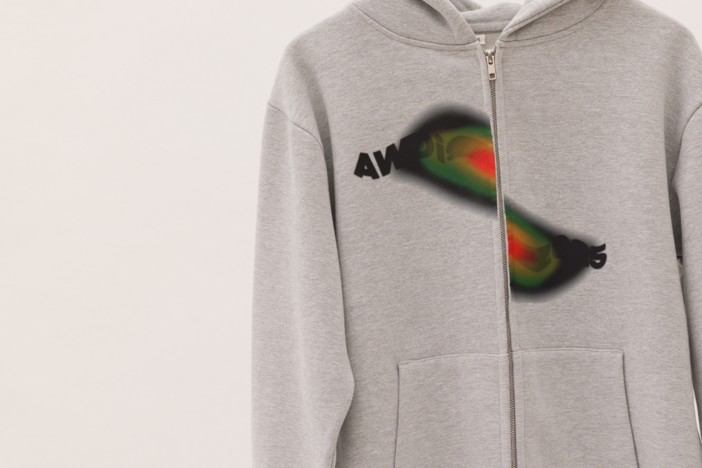 Grey zip hoodie with bold colour print.
