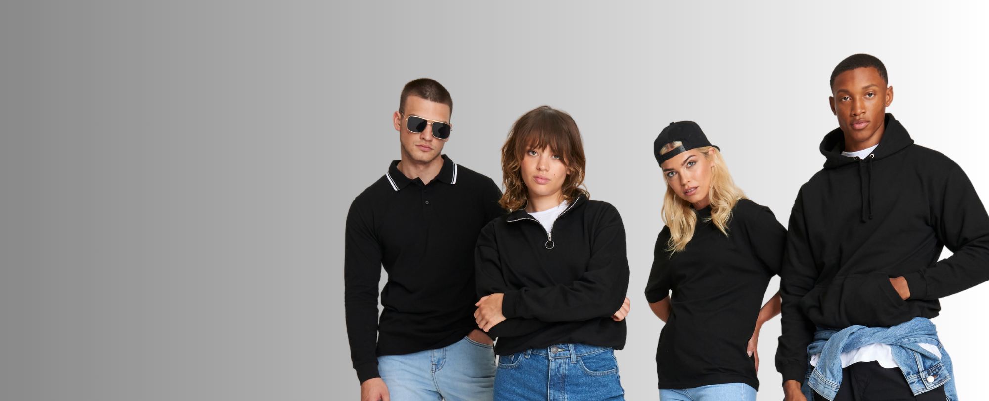 Four models wearing black t-shirts and hoodies