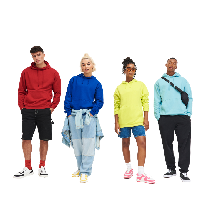 Four models wearing different coloured hoodies