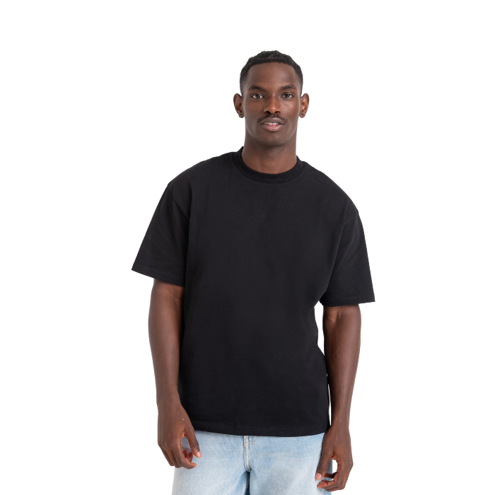 Male model wearing a black t-shirt